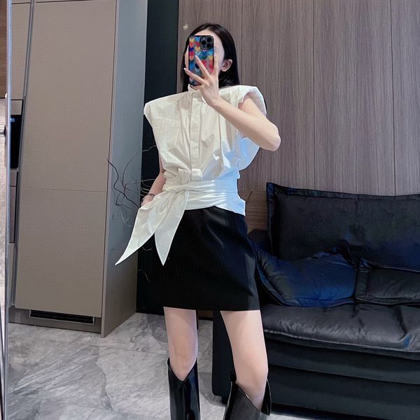

women's shirt white lapel neck sleeveless short waistband shirt