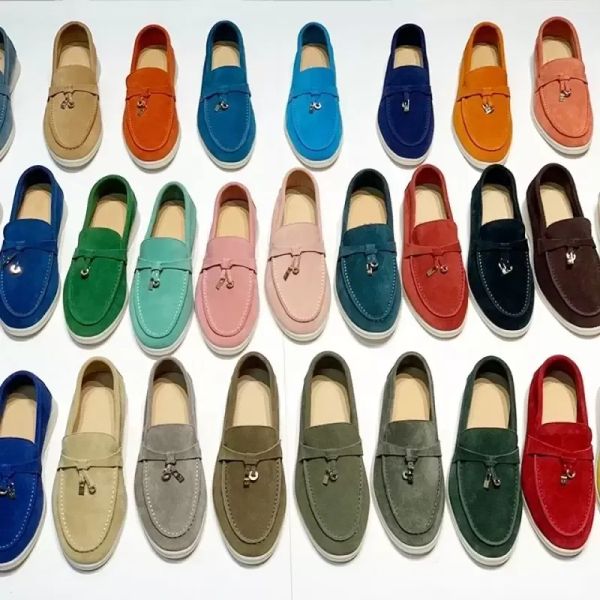 

loro suede loafers designer dress shoes classic buckle round toes flat heel leisure comfort woman shoes size 35-41, Black