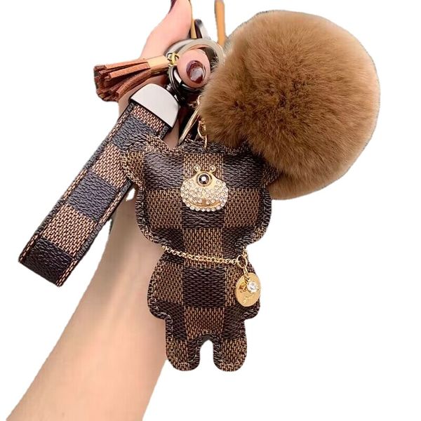 

new cool keychain cute bear print pattern pu leather keychains car accessories key ring lanyard key wallet chain rope chain set, Silver