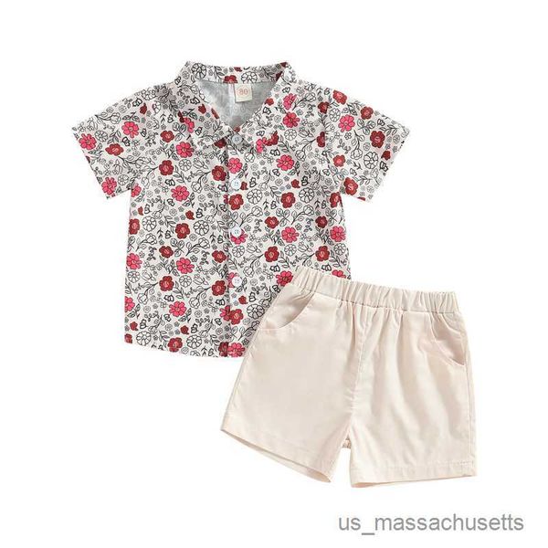 

clothing sets toddler kids boys summer clothes outfits floral print turn-down collar short sleeve shirts and solid color shorts suit, White