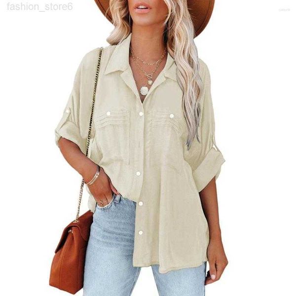

women's blouses white solid pocket long sleeve button-up shirt for women blouse