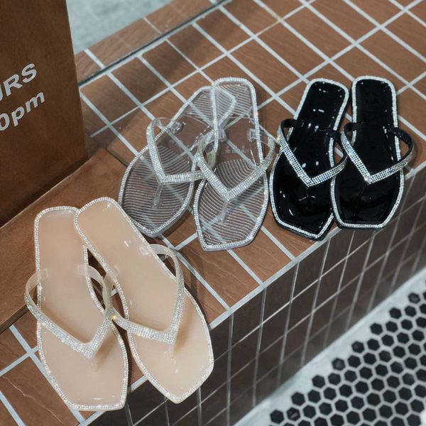 

summer new flip-flops for women wear beach jelly shoes square head rhinestone crystal slippers fairy lady sandals, Black