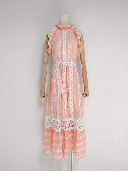 

2023 dress summer new heavy industry embroidery splice small stand neck ruffle edge slim dress, Black;gray