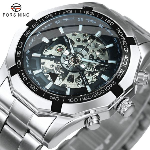 

wristwatches forsining silver stainless steel waterproof mens skeleton watches brand luxury transparent mechanical sport male wrist watch 23, Slivery;brown