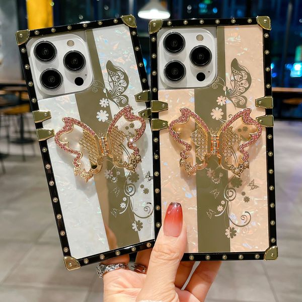 

fashion rhinestone glitter 3d butterfly bracket case for iphone x xr xs 14 13 12 11 pro max 7 8 plus se cover with lanyard holder