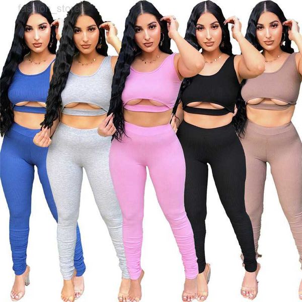 

wholesale summer clothes women tracksuits tank pants two piece set sleeveless vest leggings matching sets outfits solid suits 6985, Gray