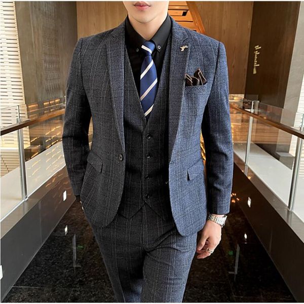 

men's suits blazers 3 piece men groom wedding dress plaid formal suits set men fashion casual business suit three-piece tuxedo s-7xl 23, White;black