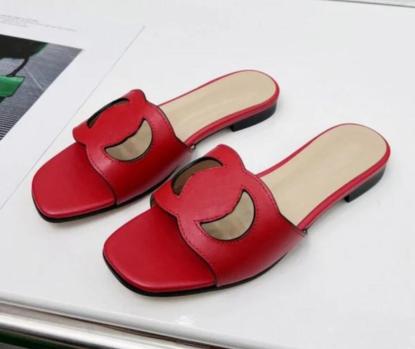 

luxury designer women sandal flat interlocking g- cut out slides genuine leather rubber sole open toe slipper slide shoes 35-42box card dust, Black