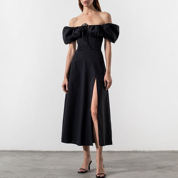 

european and american french dress new foreign trade women's bubble sleeves solid color slit long skirt, Black;gray