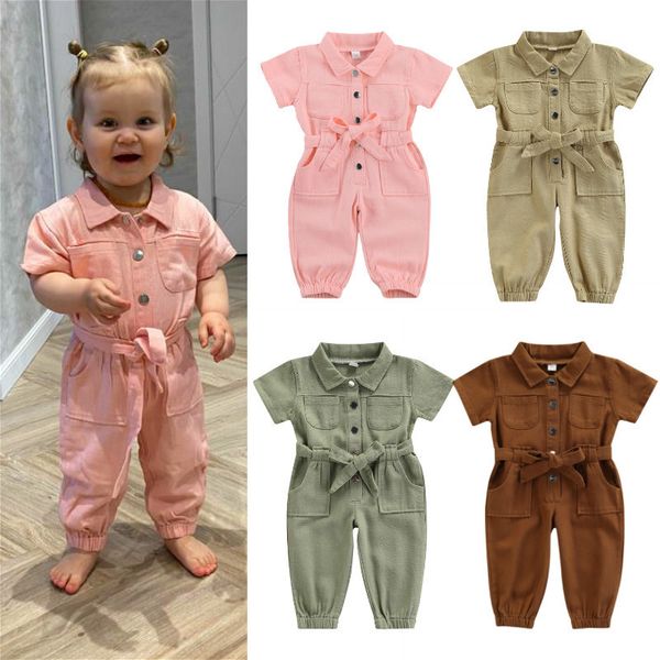 

rompers 0-6 year baby girl denim jumpsuit children's clothing children's clothing short sleeved lapel pocket long pants jumpsuit c, Blue