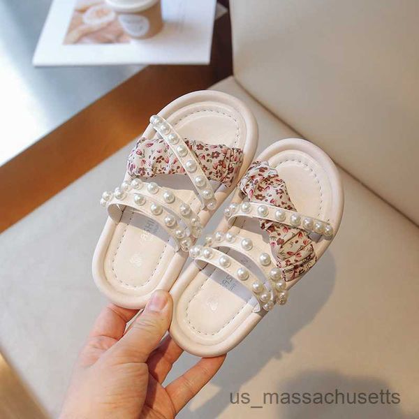 

slipper children' fashion new floral pleated girls slippers open toe 2023 new summer versatile flat retro french kids fashion shoes, Black;grey