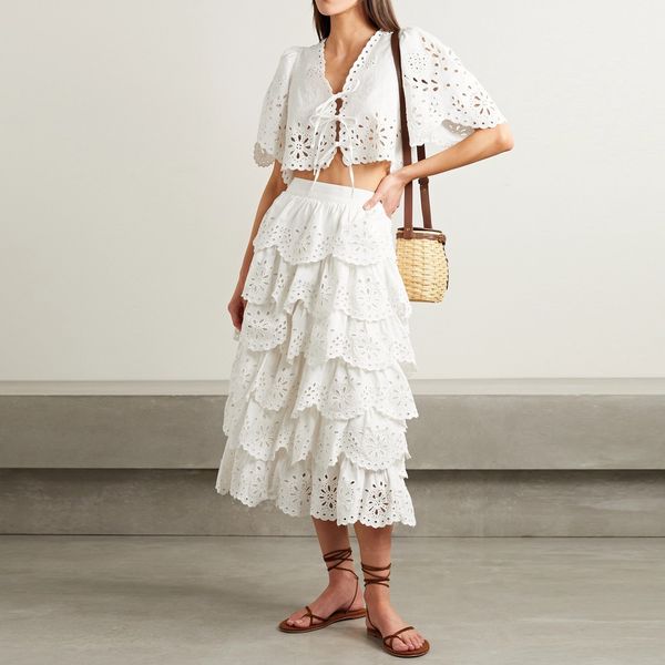 

two piece skirt set white embroidered with fringed skirt