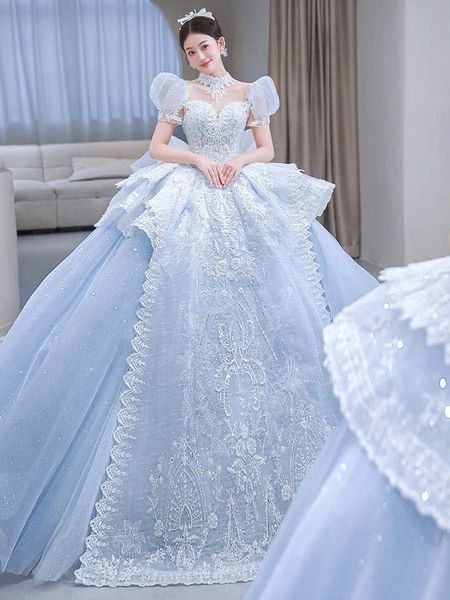 

vintage wedding dress puff sleeve light ice blue high-neck sequins applique bow princess sweep trailing bridal ball gowns custom, White