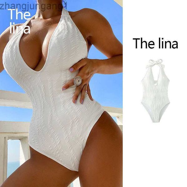 

designer bikini 2023 new solid neck one piece swimwear beach women's v-neck swimwear bikini, White;black