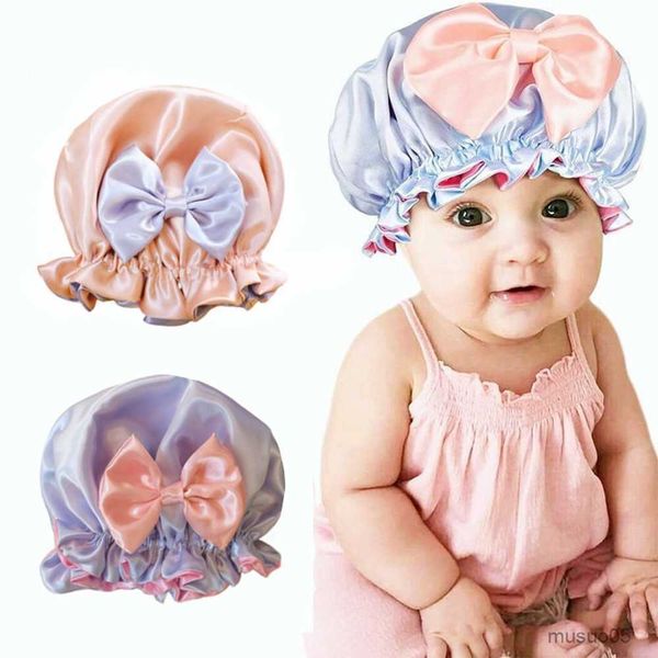

caps hats double layer big knot sleep night cap satin hair protect hat baby girls night turban children solid headwrap sleep bonnet, Yellow