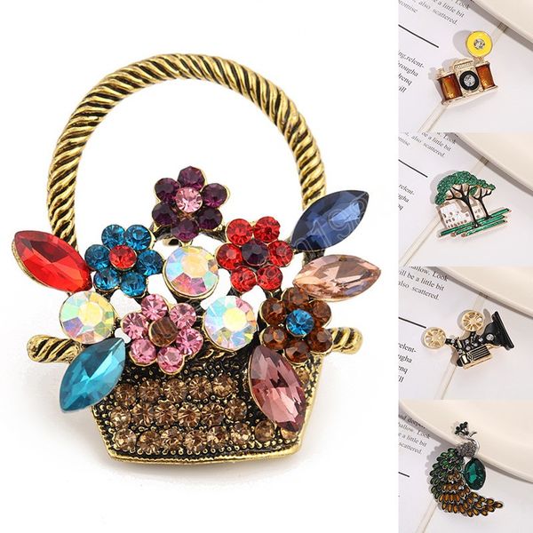 

luxury rhinestone flower basket brooch vintage colorful metal brooch pins for women casual party jewelry gifts dress accessories, Gray