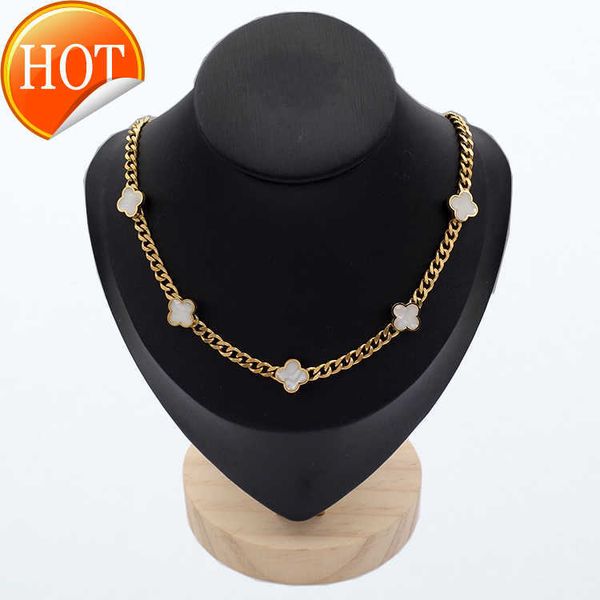 

factory wholesale jewelry 18k gold charm flower shell necklace stainless steel jewelry four-leaf clover cuban chain for girls, Silver