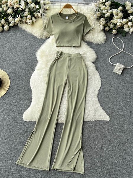 

pants singreiny senior sporty two pieces suits short solid wide legs buckle waist long split pants women summer loose casual sets, White
