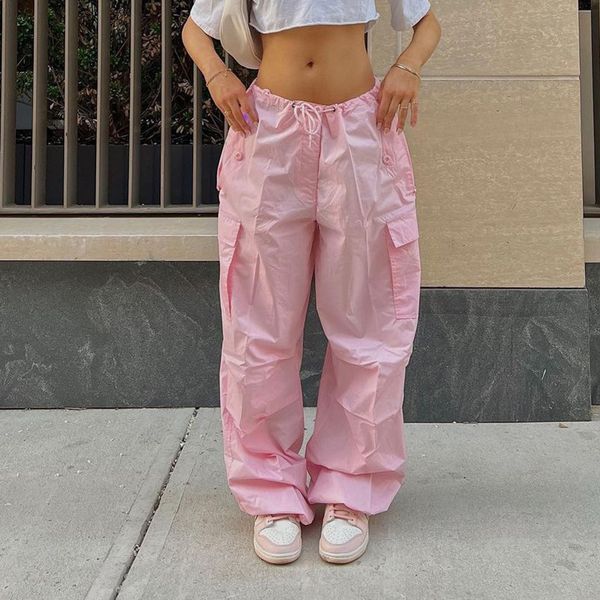 

women's pants & capris y2k straight wide leg trousers pockets oversized drawstring low waist parachute loose fit sweatpants trousers wo, Black;white