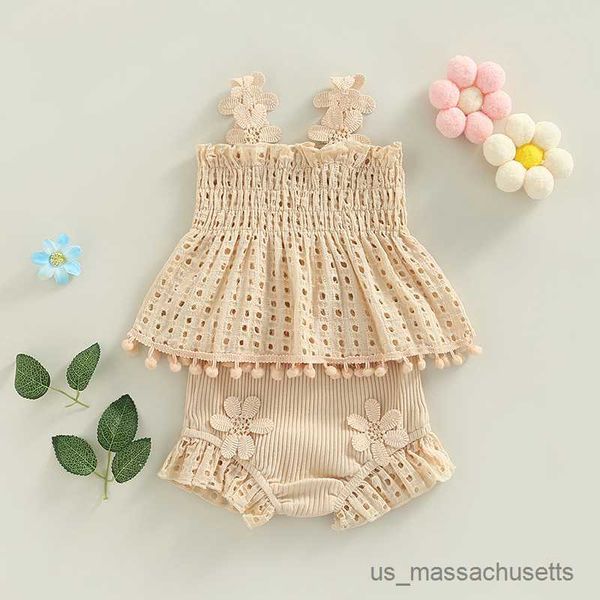 

clothing sets baby girls summer clothing sets flower strap sleeveless hollow out tassel ruffles andribbed knitted shorts casual outfits, White