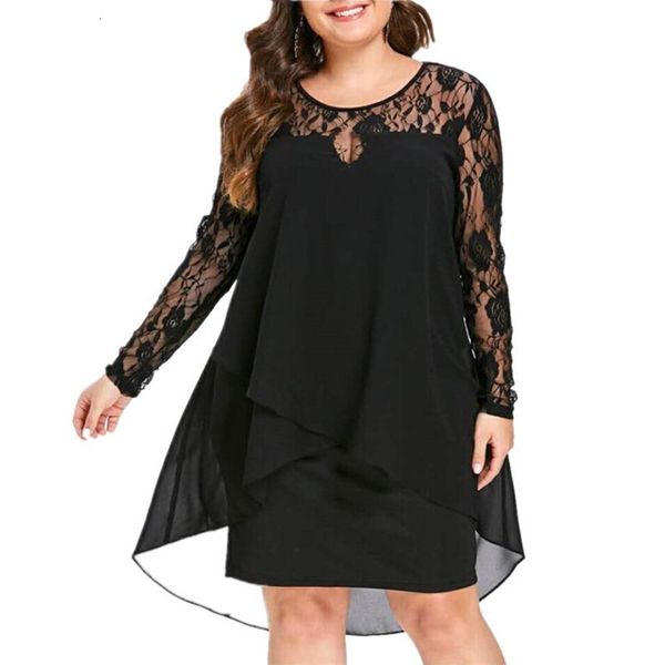 

plus size dresses women plus size party dress solid color crew neck lace full sleeve prom midi dress hollow out bodycon layered street work, Black
