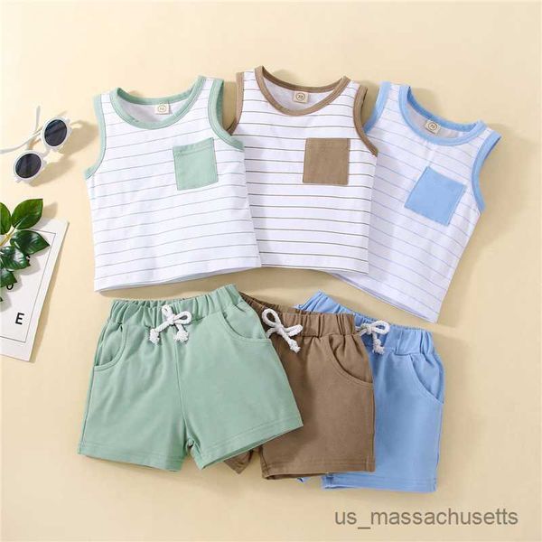 

clothing sets toddler boy summer clothes suits stripe sleeveless crew neck pocket tank and solid color elastic waist shorts set, White