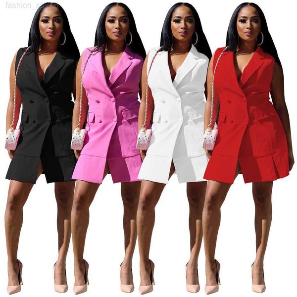 

2023 designer summer dresses women turn-down collar double breasted sleeveless dress office lady formal dress fashion steetwear bulk wholesa, Black;gray