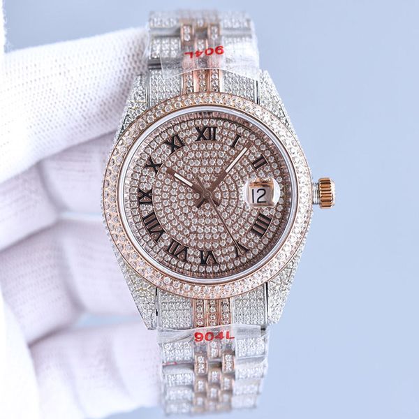 

full diamond watch mens automatic mechanical 2824 watches sapphire 41mm with diamond-studded steel bracelet women wristwatch montre de luxe, Slivery;brown