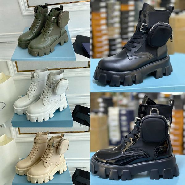 

women 2023 rois boots white nylon derby ankle martin boots with pouch battle patent leather shoes combat boots black rubber sole platform sh
