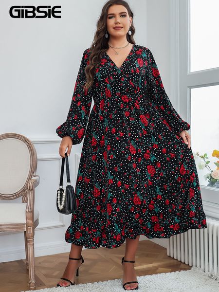 

plus size dresses gibsie plus size floral print and polka dot ruffle hem dress women spring boho v-neck lantern sleeve a-line long dresses 2, Black