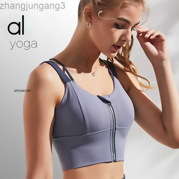 

desginer alo yoga sports bra with front zipper bra tank gathered high elastic collar for fitness women, White