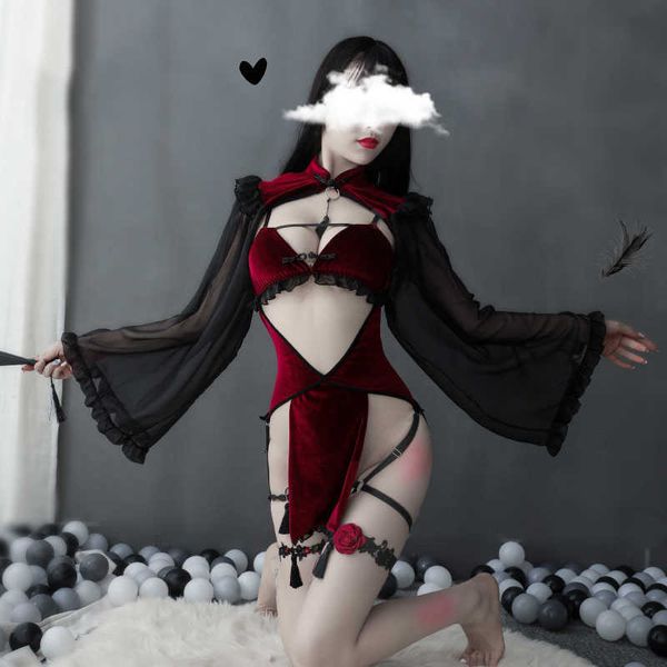 

nxy set punk gothic black red lace lingerie for women maid temptation cute evil demon cosplay sleepwear halloween costumes 230426, Red;black