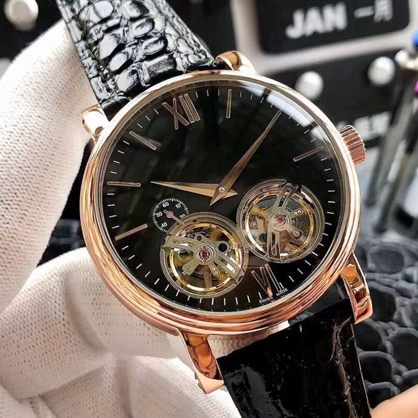 

high-quality men's watch imported double flywheel affordable big promotion real cowhide strap equipped with sapphire mirror leisure bus, Slivery;golden