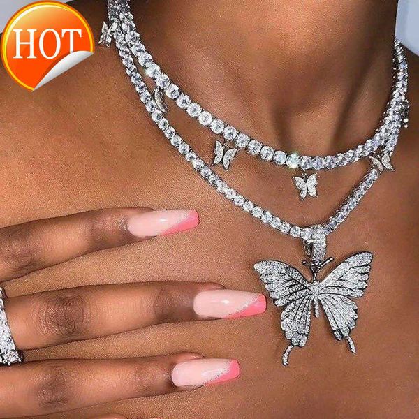 

2022 bling diamond hip hop new trend butterfly pendant necklace rhinestone tennis chain women butterfly choker necklace, Silver