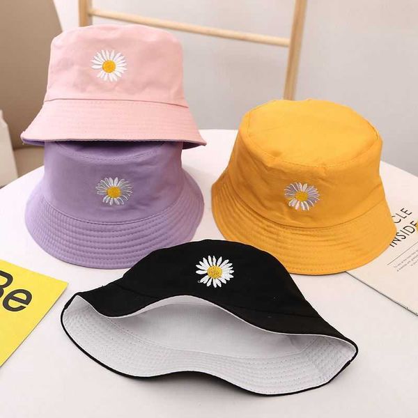 

stingy brim hats panama cap for children small chrysanthemum bob hat cute embroidery fisherman hat summer outdoor joker sun hat reversible j, Blue;gray