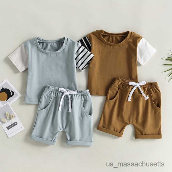 

clothing sets toddler baby boys clothes suits contrast color stripe short sleeve crew neck t-shirts and elastic waist shorts set, White