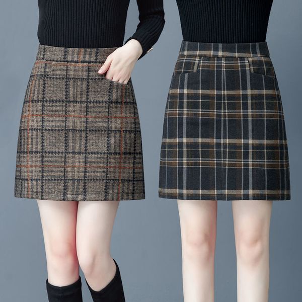 

skirts tartan skirt short skirt autumn and winter large woolen a word female woman skirts mujer faldas saias mulher 230506, Black