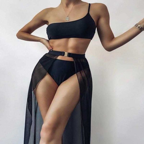 

swimsuit womens tulle skirt solid color shoulder three piece set sexy, White;black