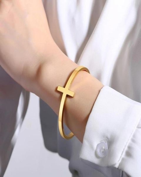 

open sideways cross bangle stainless steel cuff bracelet for men women minimalistic gift3265804, White