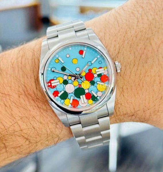 

2023 new ladies watches 31mm 36mm 124300 turquoise blue celebration dial sapphire oyster stainless steel band mechanical automatic wristwatc, Slivery;brown