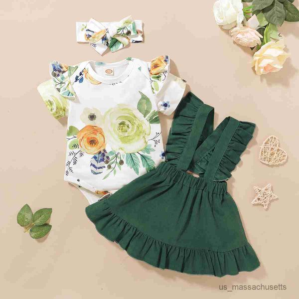 

clothing sets newborn baby girl clothes set cotton floral sleeve romper solid ruffle strap skirt headband 3 pcs outfit, White