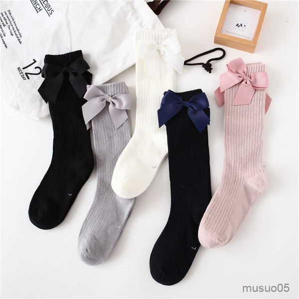

3pcs solid children with bows cotton baby soft toddlers long for kids princess knee high socks for girls, Pink;yellow
