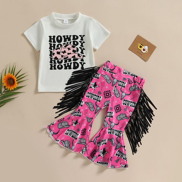 

children summer clothing sets europe and the united states girls letter hat printed t-shirt plum tassel flare pants suit ins children fashio, White
