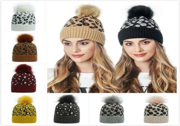 

leopard knitted hat pom pom fur ball beanies women winter warm wool knitted hat outdoor keep warm beanie caps travel party hats9762285, Blue;gray