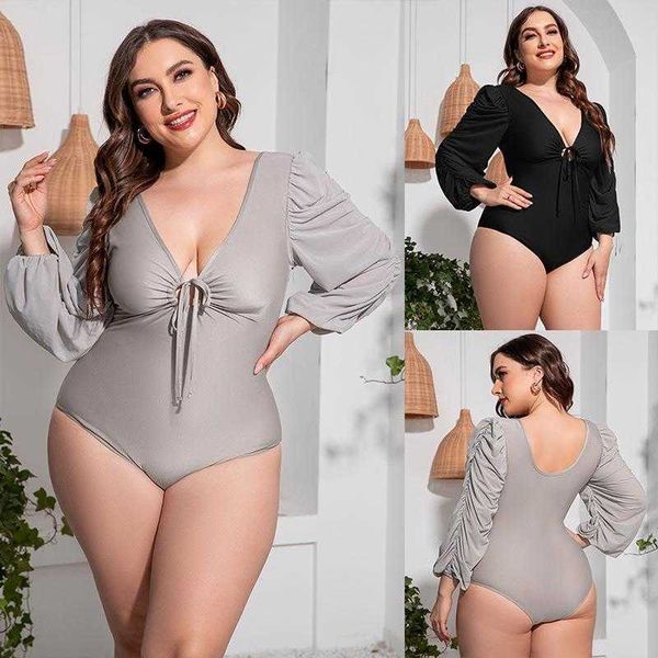 

one piece swimsuit long sleeve sunscreen stitching pleating plus size bikini belly covering v neck lace up, White;black