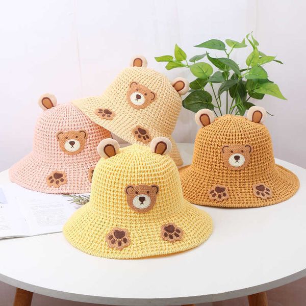 

stingy brim hats doit2022 kids bucket hats summer knitted bear openwork breathable sun cap boys girls outdoor beach fisherman hat j230505, Blue;gray