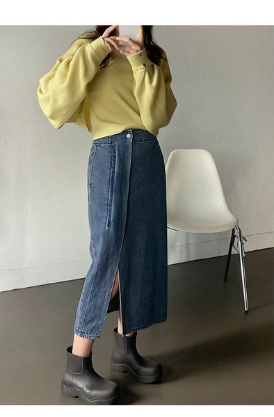 

skirts spring women's casual solid high waist split denim skirt 230506, Black