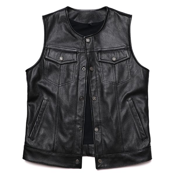 

men's vests classical genuine leather vest man 100 cowhide motorcycle club sleeveless jacket slim biker waistcoat 230506, Black;white