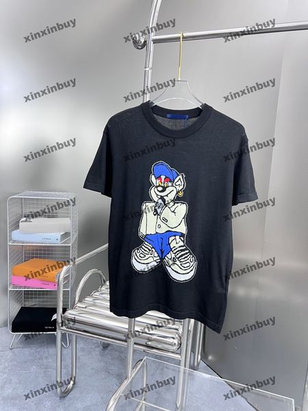 

xinxinbuy men designer tee t shirt 23ss knitted animal jacquard letter fabric short sleeve cotton women black white s-2xl, Black;brown