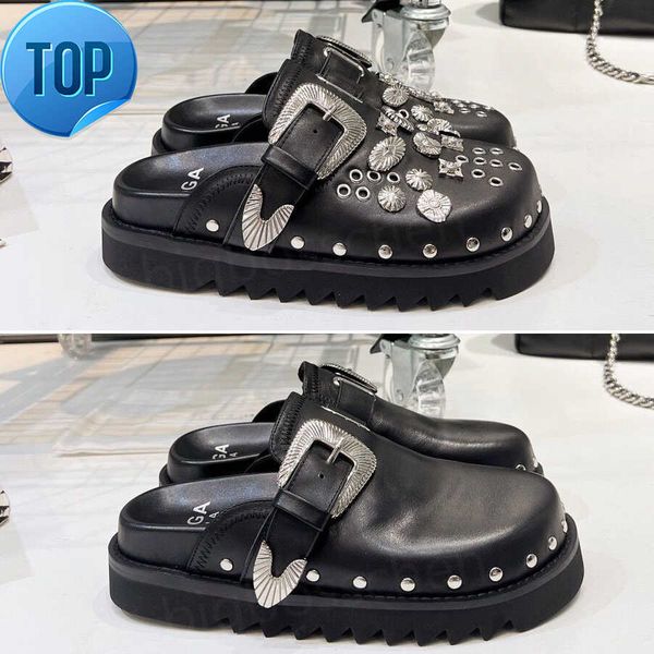 

sandals designer slippers women's toga fashion luxury thick bottom with buckles rivets metal pieces punk wind black flat serrated casua